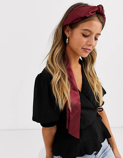 ASOS DESIGN knot front headscarf in burgundy