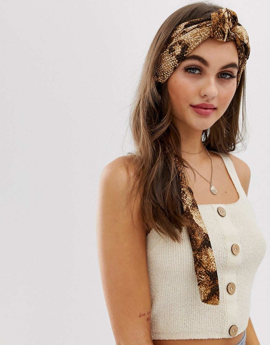 ASOS DESIGN knot front headscarf in snake print-Multi