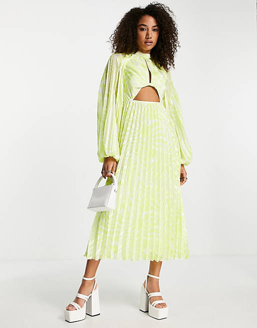 Knot front high neck cutout pleated midi dress in yellow textured stripe Asos Women Clothing Dresses V-Neck Dresses 