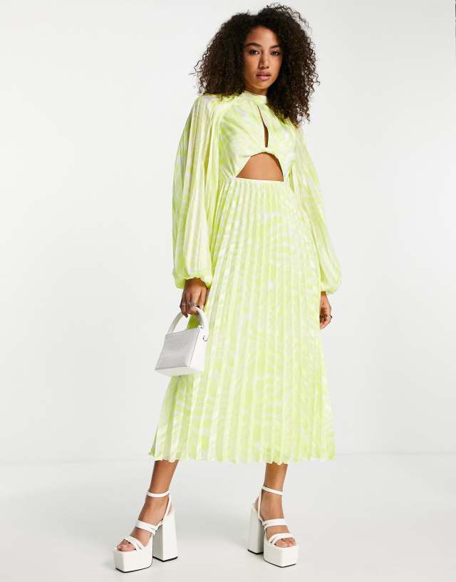 ASOS DESIGN knot front high neck cutout pleated midi dress in yellow textured stripe