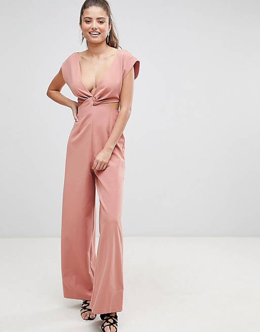ASOS DESIGN knot front jumpsuit with cut out detail and wide leg