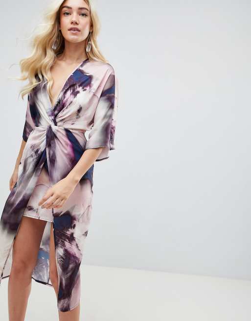 ASOS DESIGN knot front kimono midi dress in abstract print