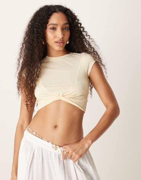 ASOS DESIGN knot front mesh short sleeve crop top in almond - view 1