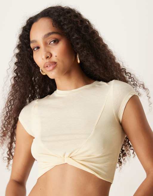 ASOS DESIGN knot front mesh short sleeve crop top in almond, 3 of 4