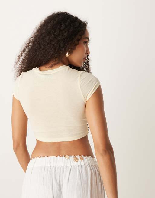 ASOS DESIGN knot front mesh short sleeve crop top in almond, 4 of 4
