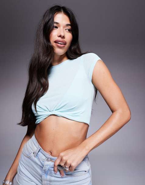 ASOS DESIGN knot front mesh short sleeve crop top in blue - view 1