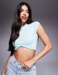 [ASOS DESIGN] ASOS DESIGN knot front mesh short sleeve crop top in blue XS Blue