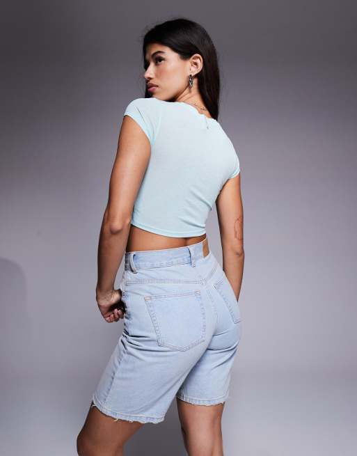 ASOS DESIGN knot front mesh short sleeve crop top in blue, 3 of 4
