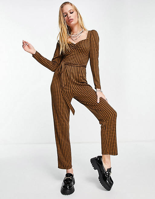 ASOS DESIGN knot front puff sleeve skinny leg jumpsuit in gingham check