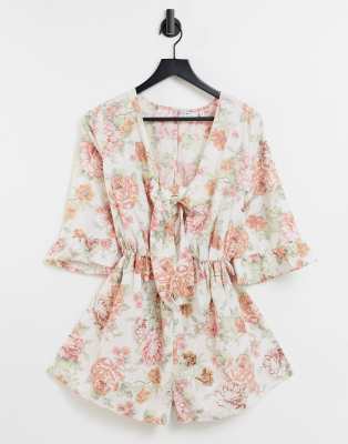 Asos Design Knot Front Ruffle Sleeve Romper In Vintage Floral-multi
