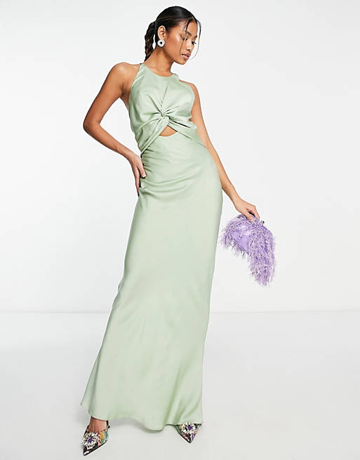 ASOS DESIGN knot front satin maxi dress with tie back detail in sage