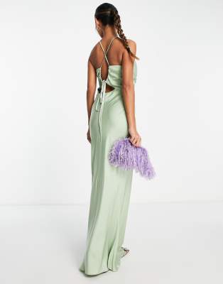 ASOS DESIGN knot front satin maxi dress with tie back detail in sage