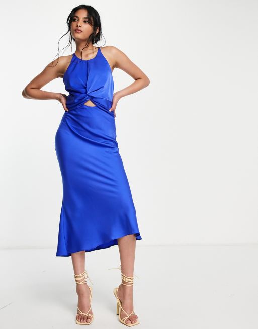 ASOS DESIGN knot front satin midi dress with tie back detail in blue