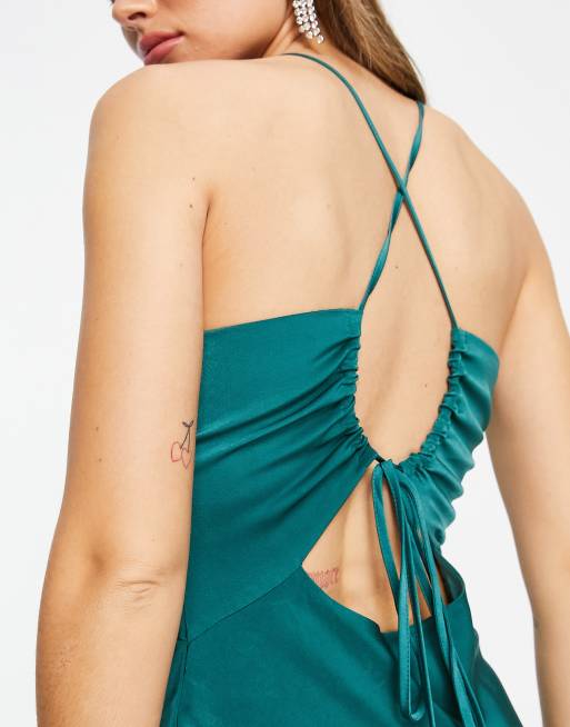 ASOS DESIGN knot front satin midi dress with tie back detail in green ASOS