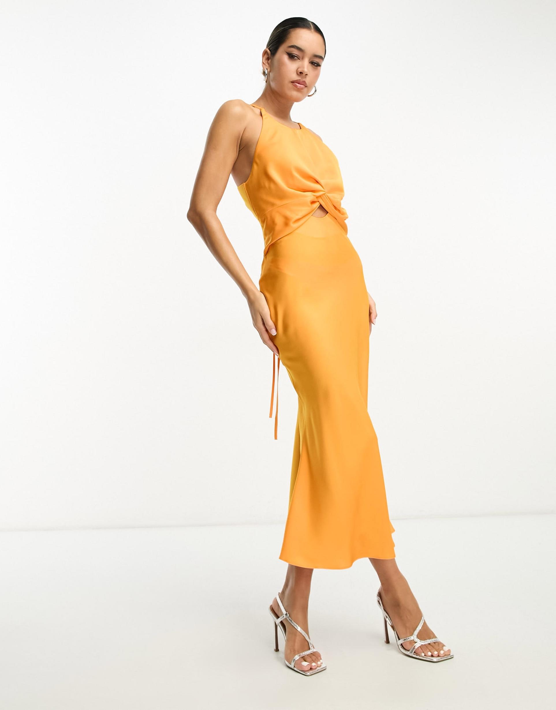 asos design knot front satin midi dress with tie back detail in orange