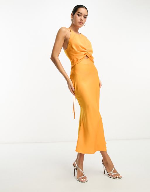 ASOS DESIGN knot front satin midi dress with tie back detail in orange