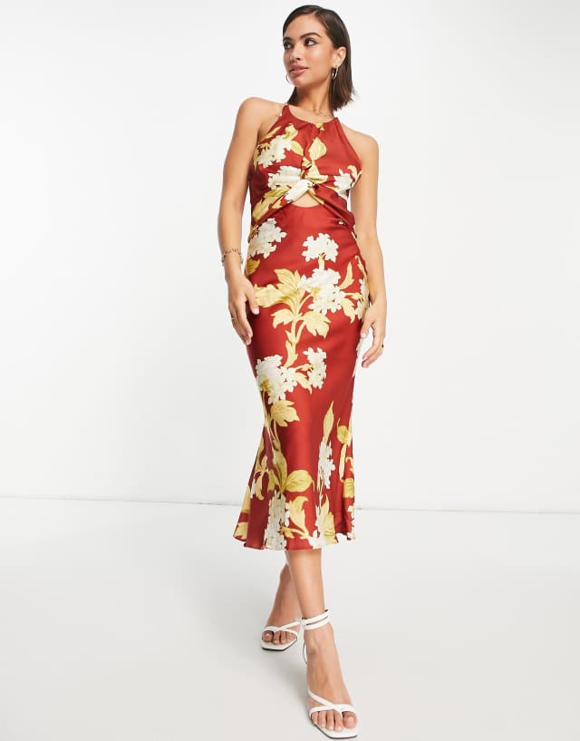 ASOS DESIGN knot front satin midi dress with tie back detail in red hydrangea print