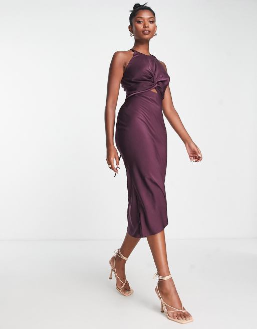 ASOS DESIGN knot front satin midi dress with tie back detail in wine ASOS