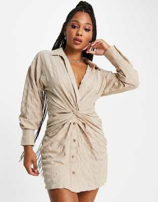 ASOS DESIGN knot front shirt dress in camel