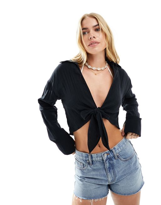 FhyzicsShops DESIGN knot front shirt in cheesecloth in black