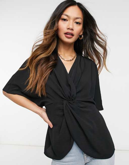 Asos Design Long Sleeve Plunge Shirt With Knot Front-black | ModeSens