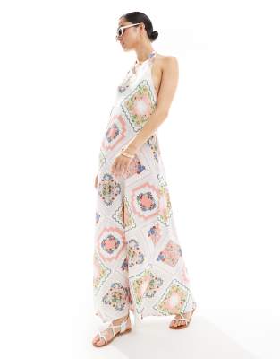 Asos Design Knot Halter Neck Trapeze Midi Dress In Patchwork Print-multi