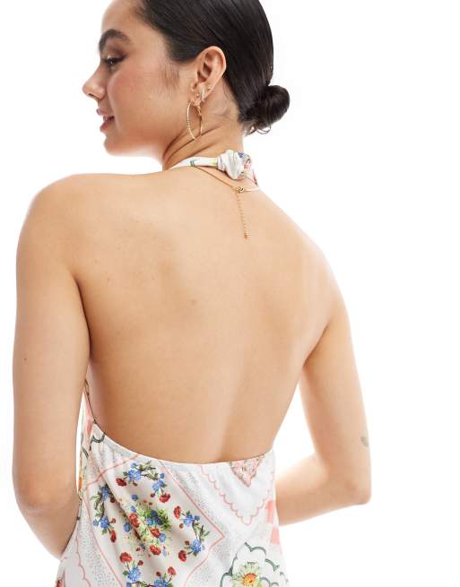 ASOS DESIGN knot halter neck trapeze midi dress in patchwork print | ASOS