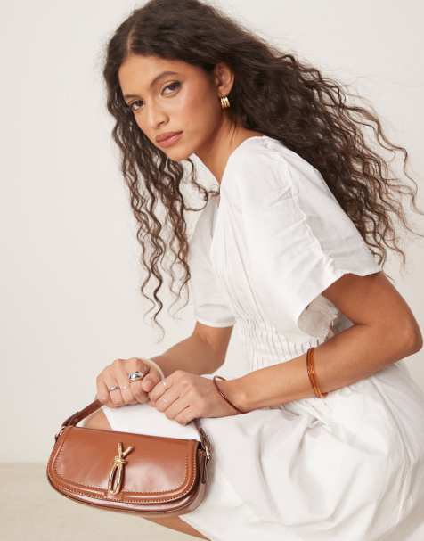 ASOS DESIGN knot hardware detail grab top bag with detachable crossbody strap in tan - view 1