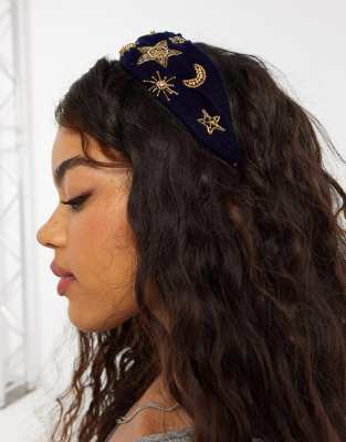 Asos Design Knot Headband With Celestial Embellishment In Navy Blue-blues