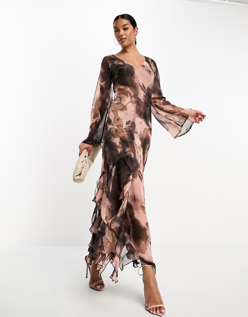 ASOS DESIGN knot hem detail maxi dress in blurred floral print-Multi