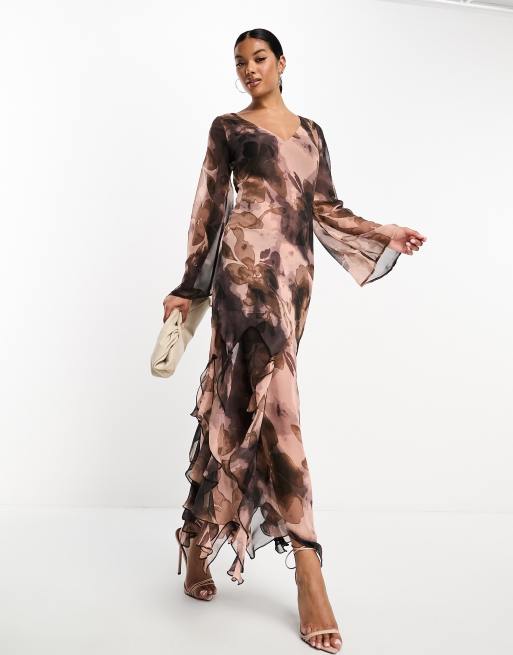 ASOS DESIGN angel sleeve plunge tiered maxi dress with cut out and rouleux  detail in blurred floral print