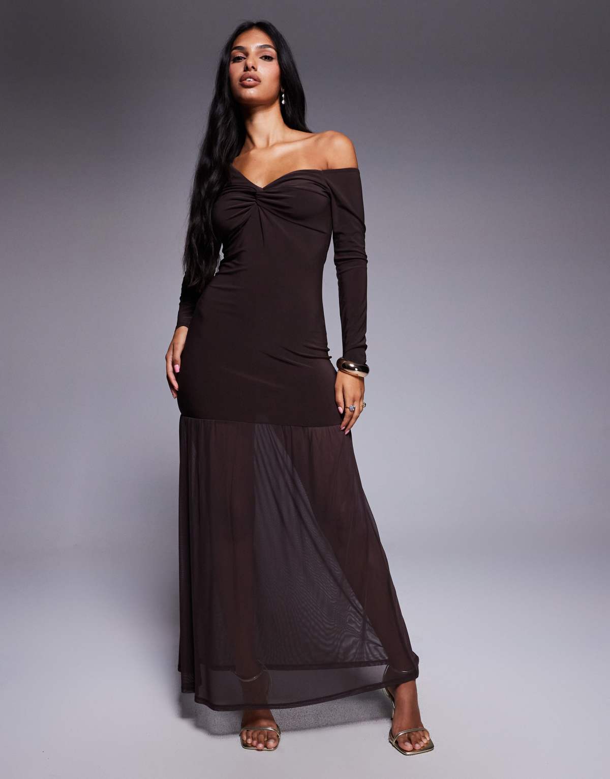 ASOS DESIGN knot neck detail off shoulder maxi dress with sheer skirt in brown