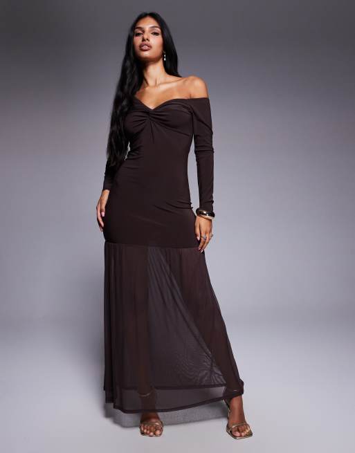 ASOS DESIGN knot neck detail off shoulder maxi dress with sheer skirt in brown
