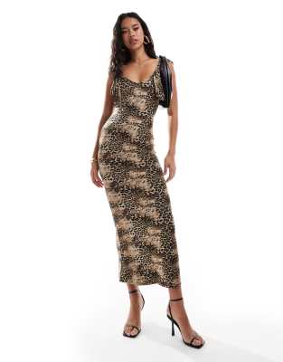 Asos Design Knot Strap Detail Midi Dress In Leopard Print-multi