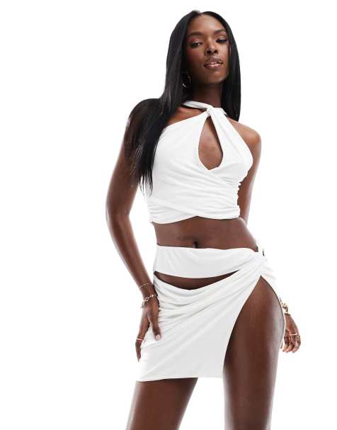 ASOS DESIGN knot wrap mini skirt in ivory - part of a set - view 1
