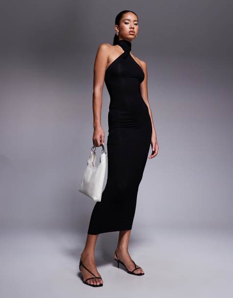 ASOS DESIGN knotted asymmetric high neck midi dress in black - view 1