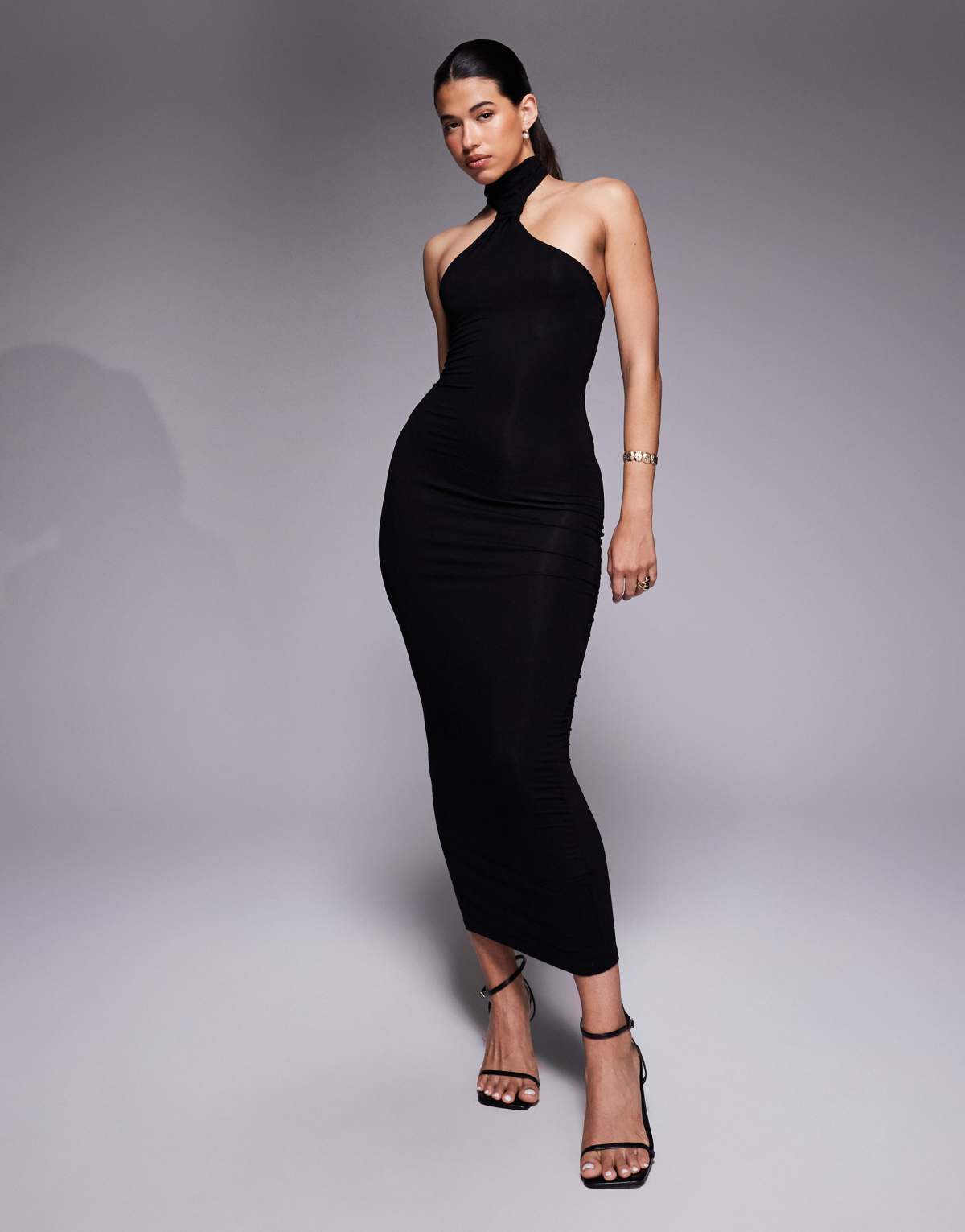 ASOS DESIGN knotted asymmetric high neck midi dress in black