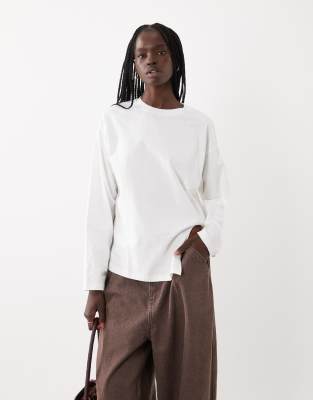 Asos Design Knotted Hem Detail Crew Neck Long Sleeve Top In White