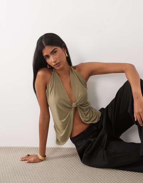 ASOS DESIGN knotted plunge draped top with skinny straps in khaki - view 1