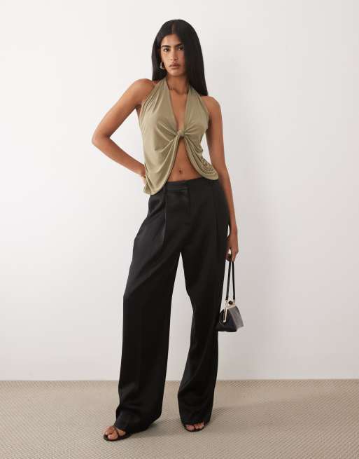 ASOS DESIGN knotted plunge draped top with skinny straps in khaki, 2 of 4