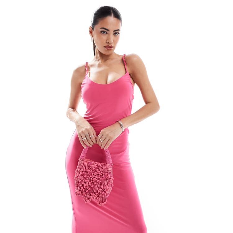 ASOS DESIGN knotted strap cami midi dress in bright pink | ASOS