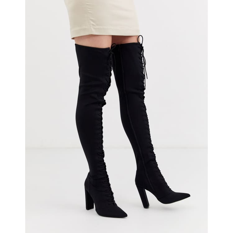 Black Glossy Lace Up Thigh High Boots