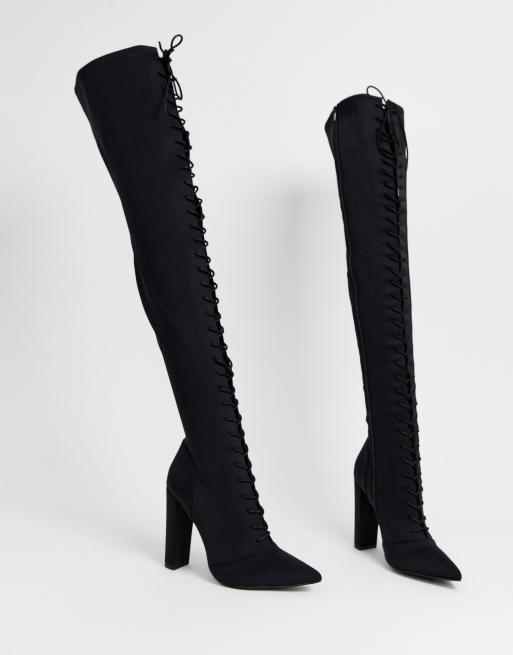 ASOS DESIGN Knowledge lace up thigh high boots in black