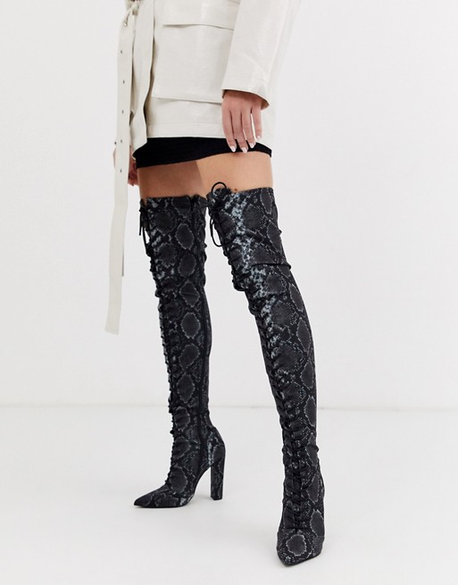 ASOS DESIGN Knowledge lace up thigh high boots in snake
