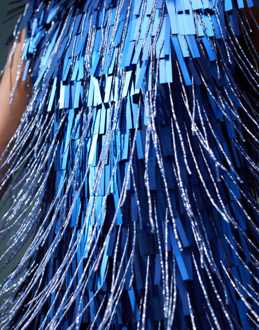 ASOS DESIGN – Kobaltblaues Minikleid mit Fransenverzierung und Schulterpolstern, 2 von 5