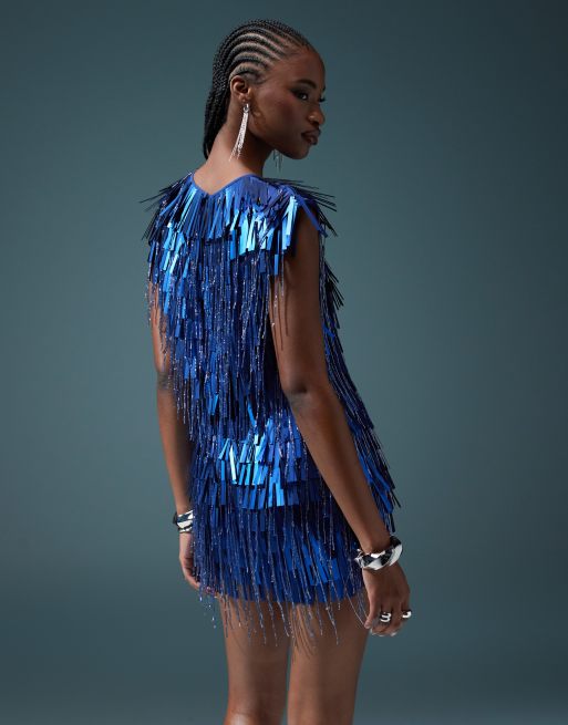 ASOS DESIGN – Kobaltblaues Minikleid mit Fransenverzierung und Schulterpolstern, 5 von 5