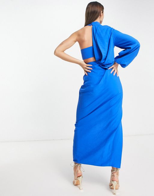 ASOS DESIGN – Kobaltowa sukienka maxi na jedno ramię z wycięciem w talii |  ASOS