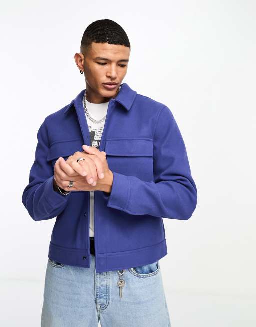 ASOS DESIGN – Kobaltowoniebieska krótka kurtka harrington z imitacji wełny