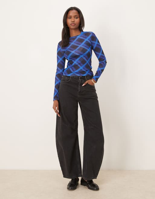 ASOS DESIGN – Kobaltowy prześwitujący top z długimi rękawami w kratę, 2 z 4