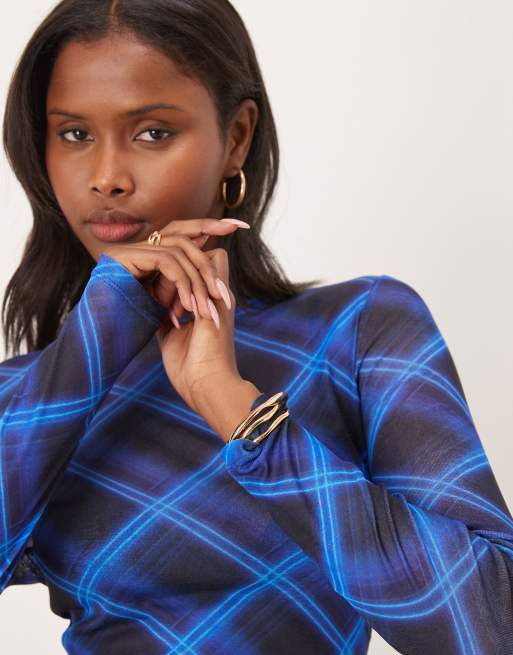 ASOS DESIGN - Koboltblå gennemsigtig top med lange ærmer og tern, 4 af 4